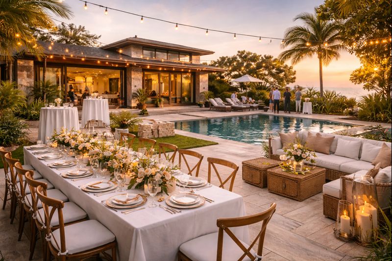 Elegant outdoor event setup with tables and chairs